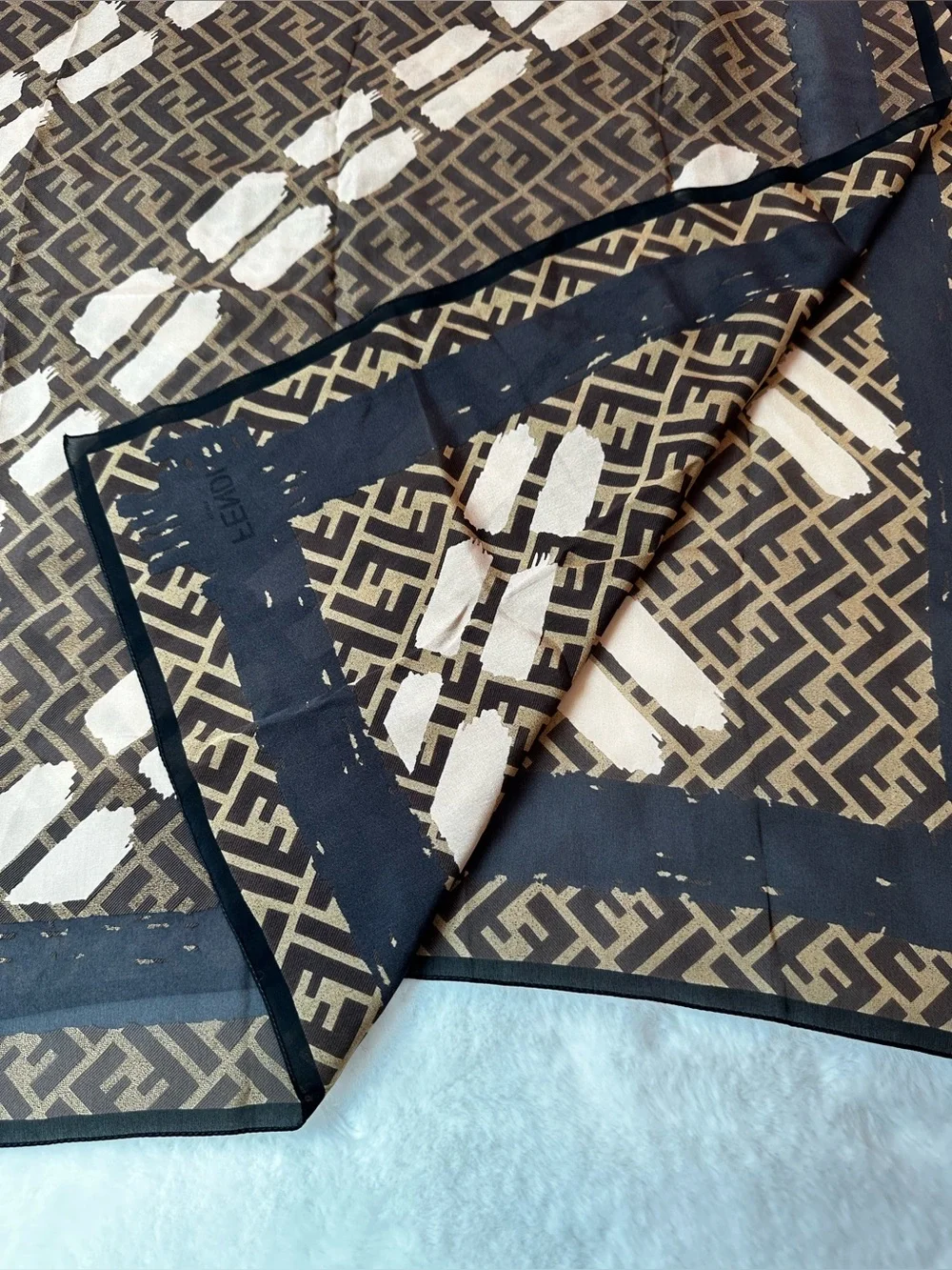 Fendi Brown Cream FF Monogram Diagonal Pattern Scarf